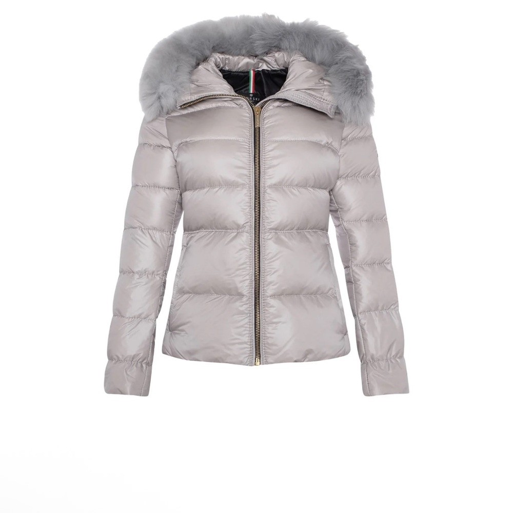 Gorski Montreal APRÈS-SKI JACKET WITH TOSCANA SHEARLING LAMB HOOD TRIM. Size S